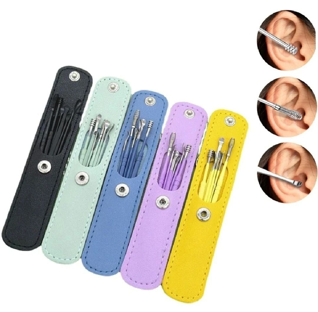 Pack of 6 Ear Wax Cleaning Kit with Leather Keychain Case | Stainless Steel Ear Pick & Ear Cleaner Tool Set