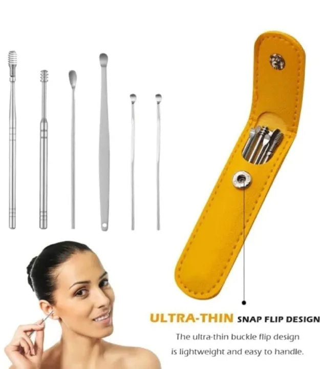 Pack of 6 Ear Wax Cleaning Kit with Leather Keychain Case | Stainless Steel Ear Pick & Ear Cleaner Tool Set