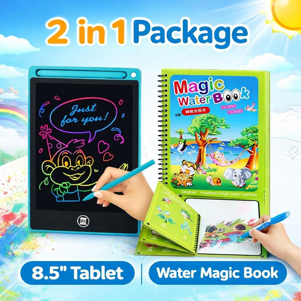 Magic Combo Pack for Kids | LCD Writing Tablet with Reusable Magic Water Coloring Book | Educational Gift Set