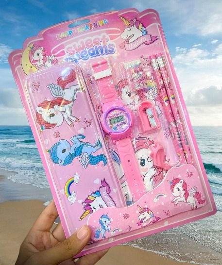 6 Pcs Kids Stationery Combo Pack with Digital Watch | Pencil Box, Pencils, Eraser & School Supplies Gift Set