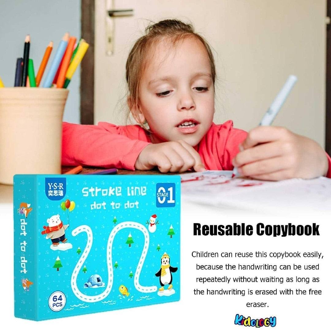 Reusable Magical Tracing Activity Workbook Set (64 Pages) | Kids Pre-School Writing Practice Book with 2 Pens & Duster