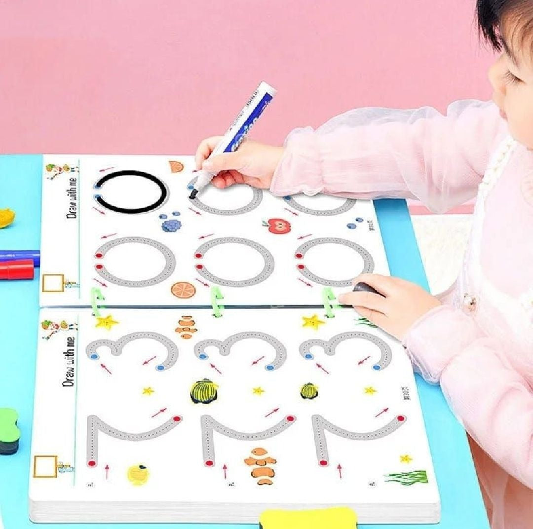 Reusable Magical Tracing Activity Workbook Set (64 Pages) | Kids Pre-School Writing Practice Book with 2 Pens & Duster