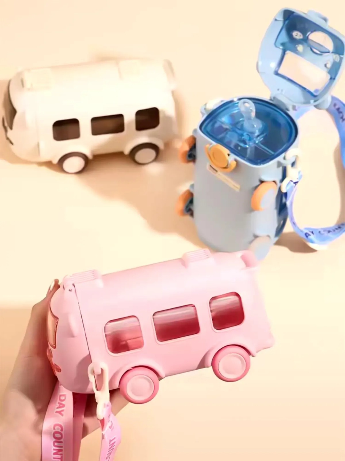 School Bus Design Kids Water Bottle With Strap– 600ml ABS Plastic Leak-Proof Bottle Small Square Drinking Cup – Fun & Durable Water Bottle for Children (Random Color) - Image 3