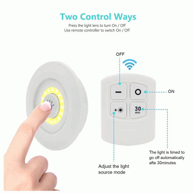 Pack of 3 LED Remote Control Lights – Tap Lights with Self Adhesive for Cabinet, Wardrobe & Kitchen ~ Cell Operated - Image 3